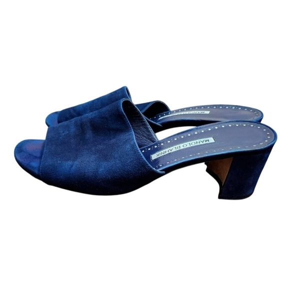 Manolo Blahnik Navy Blue Rapallato Soft Suede Banded Block Heel Sandals … - Picture 5 of 12